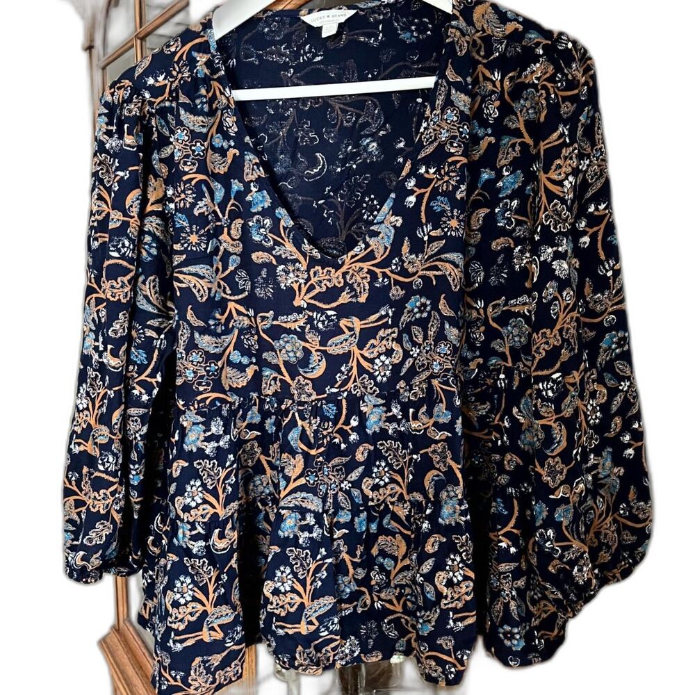 Lucky Brand Navy Floral Botanical Blouse Lightweight 3/4 Sleeve Top S Lg Fairy
